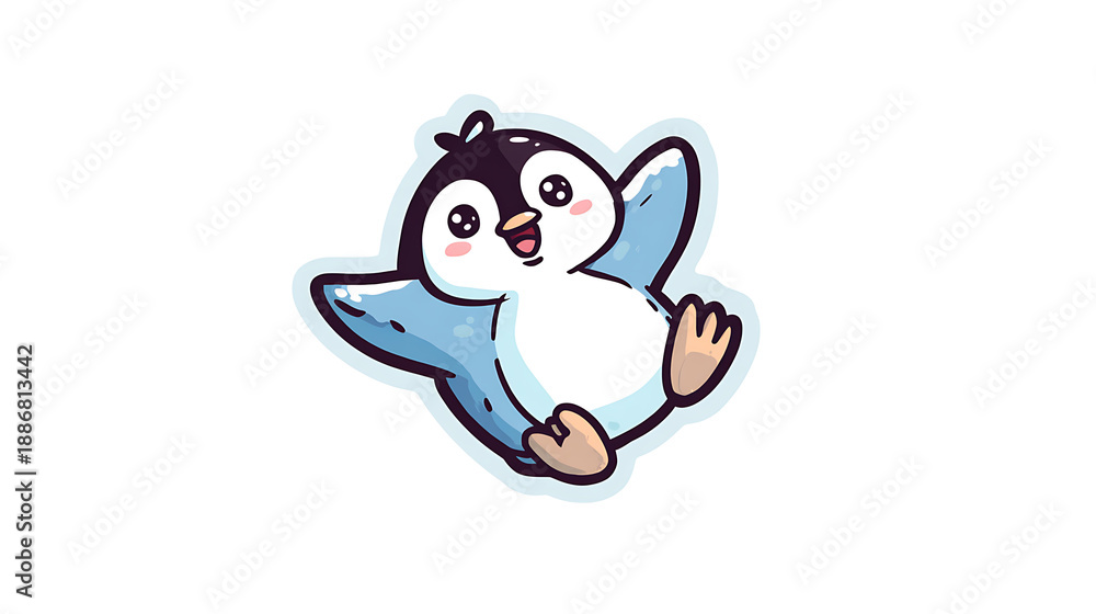 Fototapeta premium This image features a cheerful penguin sliding happily, full of fun and energy, designed in a cute sticker style.
