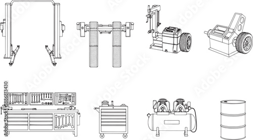 An isometric overhead shot reveals an array of industrial tools and equipment, from a sturdy lift to essential machine components for the car service.