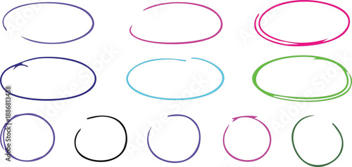 Set of hand drawn red circles and ovals. Highlight circle frames. Ellipses in doodle style. Vector illustration isolated on white background.