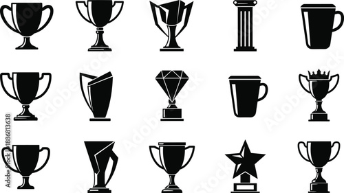 Award trophies and cups silhouettes set, achievement symbols and prize icons collection, black victory awards vector illustration for competition, success and recognition concepts
