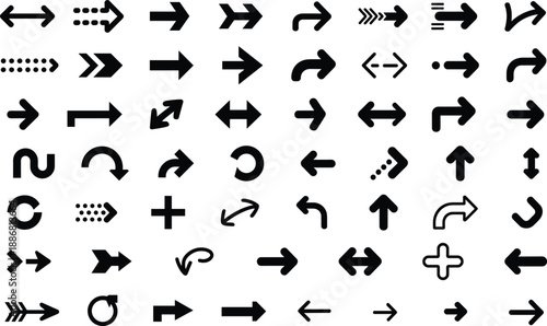 Black arrow icon mega set collection, directional navigation symbols, UI UX interface arrows, minimal vector pointer icons on white background