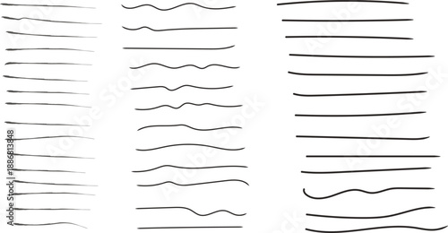 Set of wavy horizontal lines. Marker hand-drawn line border set and scribble design elements. Lines hand drawn paint brush stroke. Vector set isolated on white. Hand drawn scribble. Black ink