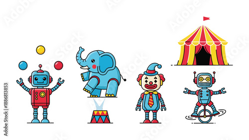 Circus of Wonders: A vibrant illustration showcasing a delightful circus scene with a colorful tent and charming characters, evoking a sense of joy and playful spectacle.