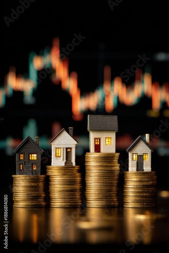 Real estate business market, house home building purchase sale. Miniature houses perched atop a stack of coins, with a blurred background suggesting a financial setting.