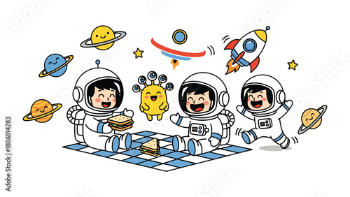 Cosmic Picnic: Whimsical illustrations depict a fun space picnic, featuring astronauts, friendly alien companions, and celestial elements for a lighthearted scene.