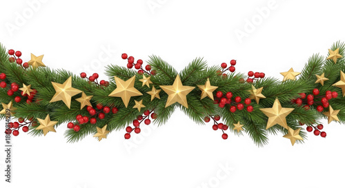A festive Christmas garland featuring green pine branches, red berries, and golden stars.