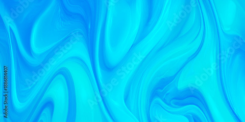 Abstract blue liquid background with fluid waves of turquoise and azure acrylic paint swirl textured using graphic design, website headers.