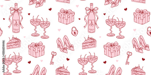 Seamless romantic pattern with cherry coctails, high heels, bows, cake, gift boxes. Cute background for Valentine's Day.