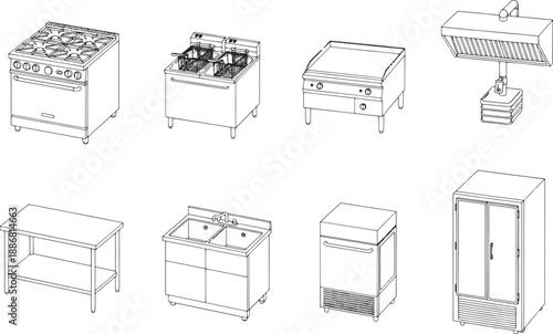 Showcasing an array of modern commercial kitchen appliances, highlighting the details. These appliances represent an advanced cooking technology, suitable for professional use in restaurants.