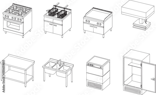 A comprehensive array of commercial kitchen appliances, meticulously illustrated, presenting a variety of essential tools. 