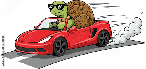 Funny cartoon illustration of a cool turtle wearing sunglasses driving a fast red sports car with smoke, speed, and motion,