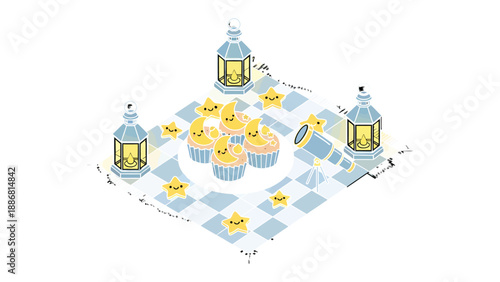 Magical Cupcake Gathering: Adorable cupcakes adorned with twinkling star accents, nestled amidst a celestial arrangement of lanterns, stars, and a telescope, creating a whimsical and dreamy scene.