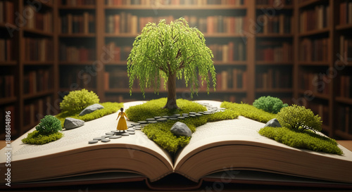 Open book with miniature landscape, including weeping willow, moss, stone path, woman. It represents imagination, storytelling, and journey of learning