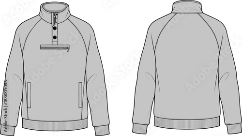 Gray Quarter Zip Pullover Vector Mockup Set Featuring Front and Back View Technical Flat Sketches for Men Fashion Apparel Design