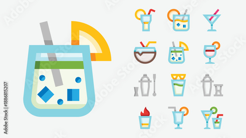 Cocktails and alcoholic drinks icons set