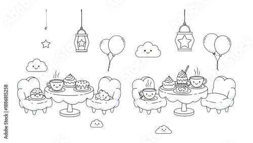 Whimsical Cafe Illustration: A charming black and white illustration of a cafe scene, showcasing delightful drawings of tables, chairs, food, and beverages with adorable smiley faces. 