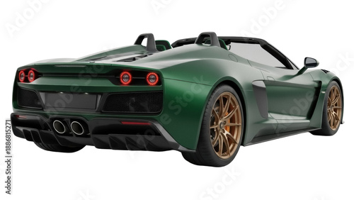 Isolated view of luxury car, green paint, dark trim, and gold rims, rear 3/4 angle shot