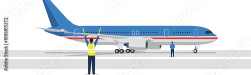 Ground crew marshaller signaling a large blue commercial airplane on the airport runway for safe taxiing and parking at terminal