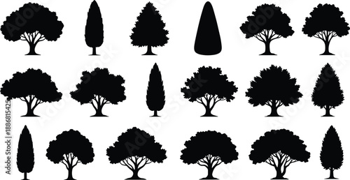Tree silhouette collection, black tree icons, diverse tree shapes, botanical design elements, forest graphic set, landscape illustration, nature clipart, arbor style reference, vector trees