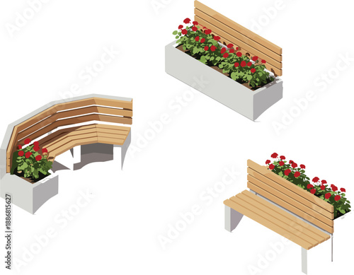 Isometric vector illustration of modern wooden park benches with concrete planters and red flowers, outdoor urban street furniture, white background,