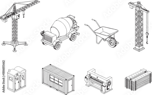 Construction tools are aligned in a row in a detailed illustration, representing elements of an active construction site.