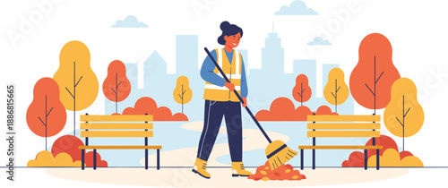 Sanitation worker, sweeping autumn leaves in a city park, wearing safety vest, with colorful trees, benches, and urban skyline backgroundt