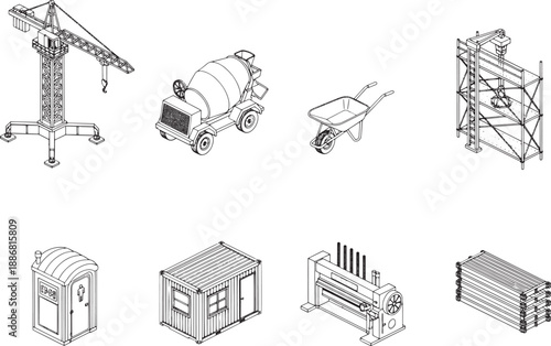 Diverse equipment in construction, meticulously crafted in a black and white technical illustration, including a crane, concrete mixer, wheelbarrow, scaffolding, portable toilet, container building.