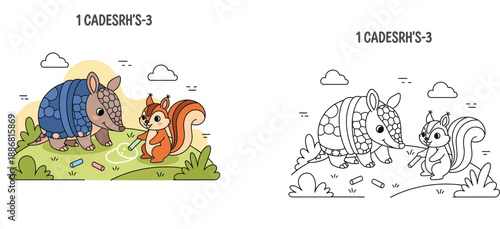 Happy cartoon armadillo and cute squirrel playing together drawing with colorful chalk on green grass hill outdoors vector illustration.