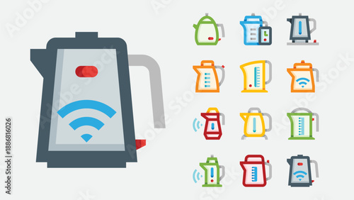Electric kettles and kitchen appliance icons set