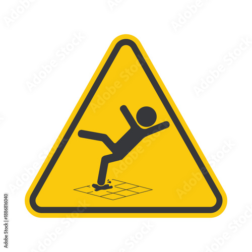 Safety Sign person slipping on wet tile floor, caution wet floor sign, cleaning in progress, workplace safety hazard awareness.