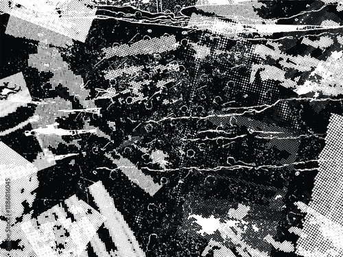 Glitch distorted grunge layer  . Noise scratched texture . Trendy textured shapes . Overlay grunge texture . Distressed effect .Vector shapes with a halftone dots and scratches. Screen print texture.