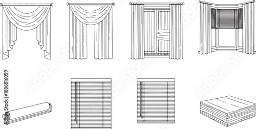 A series of detailed illustrations showcases an array of curtain and window covering designs, including drapes, blinds, and shades, highlighting diverse styles and features.