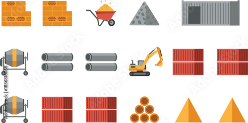 Vector flat icons set of construction materials and heavy machinery, including bricks, pipes, cement mixers, excavators, and shipping containers,