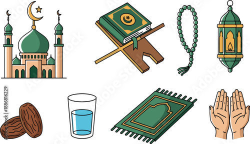 Print Vibrant Green and Gold Islamic Icon Set Featuring Detailed Mosque Quran Prayer Beads and Ramadan Celebration Symbols