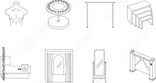 A collection of line art illustrations, highlighting various elements and fixtures commonly found in a retail environment, offering a unique perspective on design and layout.