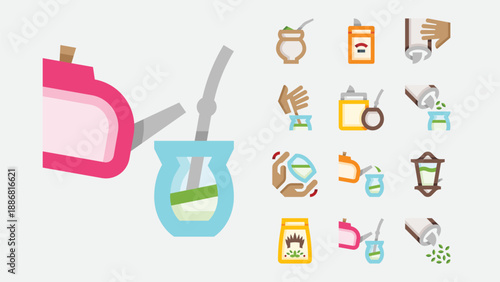 Prepare yerba mate and mate brewing icons set