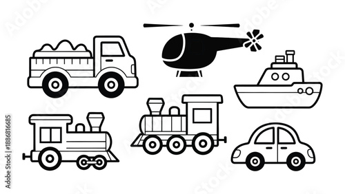 Transportation Icons: A collection of simple, black and white illustrations of various modes of transportation, perfect for educational or design projects.