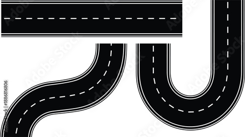 Black road and highway elements collection, straight and curved asphalt paths, transportation map components for navigation design, infographics and graphic projects