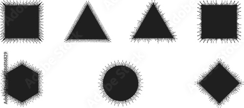 Black spiky geometric shape collection, abstract square triangle circle hexagon silhouettes with rough edges, grunge texture elements for modern graphic design and creative compositions