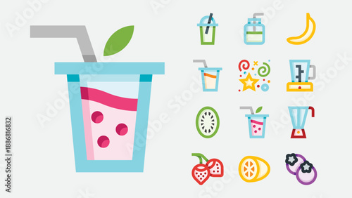 Smoothie and healthy drinks icons set