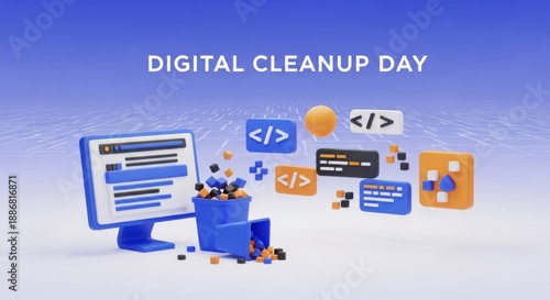Digital Cleanup Day 3D cartoon illustration with code icons and computer