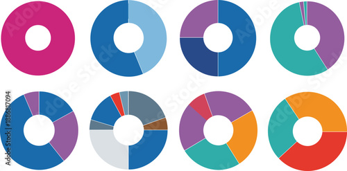 Colorful donut chart and pie infographic set, circular data visualization graphics for business analytics, statistics dashboards, marketing reports, presentations and modern UI design