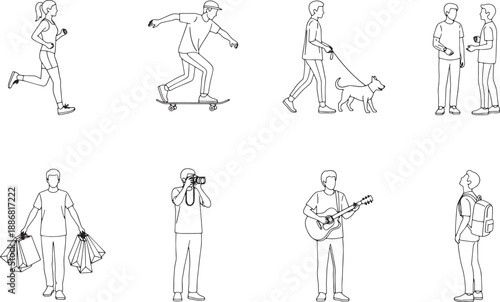 A collection of illustrations featuring a range of lifestyle activities, from running and skateboarding to strolling and playing music. Perfect for various uses.