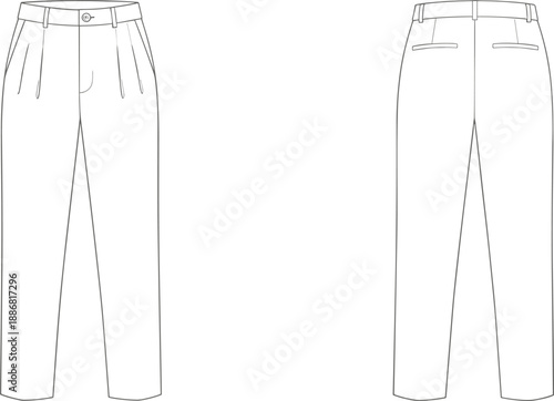 White Men Pleated Trousers Vector Mockup Featuring Front and Back View Technical Flat Sketches for Fashion Apparel Design Tech Packs