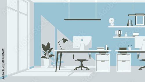 Modern Office Desk with Computer and Chair.