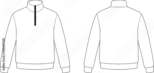 White Quarter Zip Pullover Vector Mockup Set Featuring Front and Back View Technical Flat Sketches for Men Fashion Apparel Design