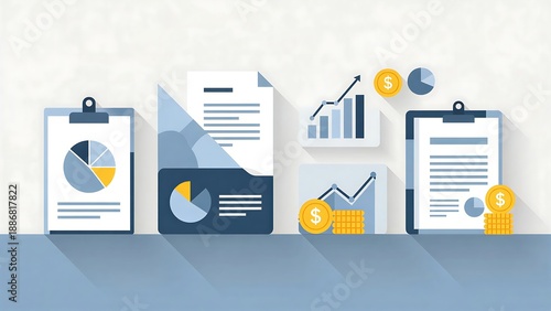 Flat lay illustration of business documents, graphs, and financial symbols in a clean and organized composition with a professional mood.