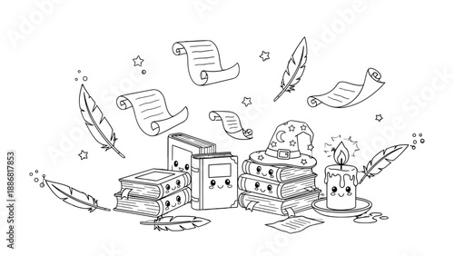 Enchanting Chronicles: whimsical scene composed of animated books, floating scrolls, and magical accessories, evoking the realm of storytelling.