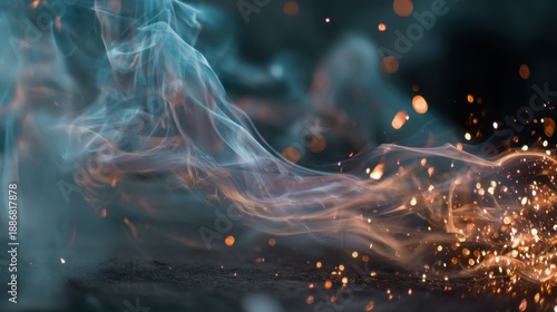 Mystical swirling smoke and sparking embers in low light atmosphere.