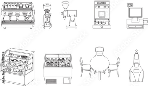A Collection of coffee shop essential tools in artistic illustration